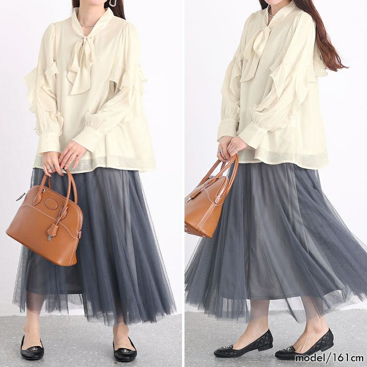 大きいサイズ レディース ボウタイオーガンジーブラウス　fem-391