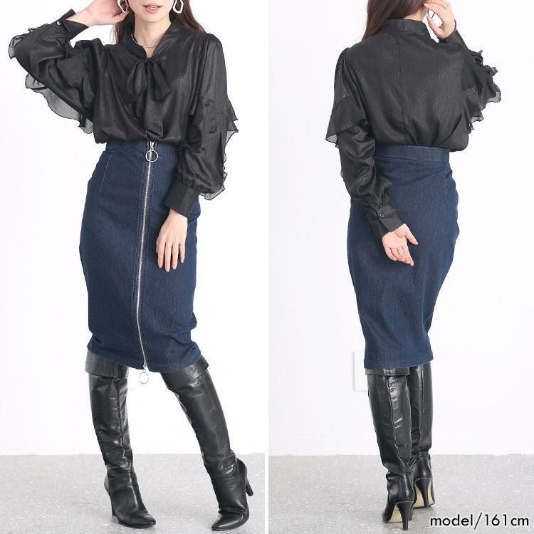 大きいサイズ レディース ボウタイオーガンジーブラウス　fem-391 ブラック