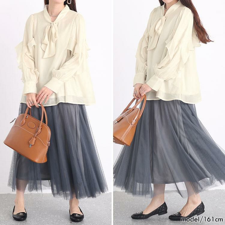 大きいサイズ レディース ボウタイオーガンジーブラウス　fem-391 クリーム