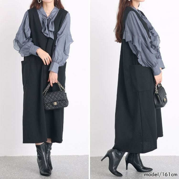 大きいサイズ レディース ボウタイオーガンジーブラウス　fem-391 ブルーグレー