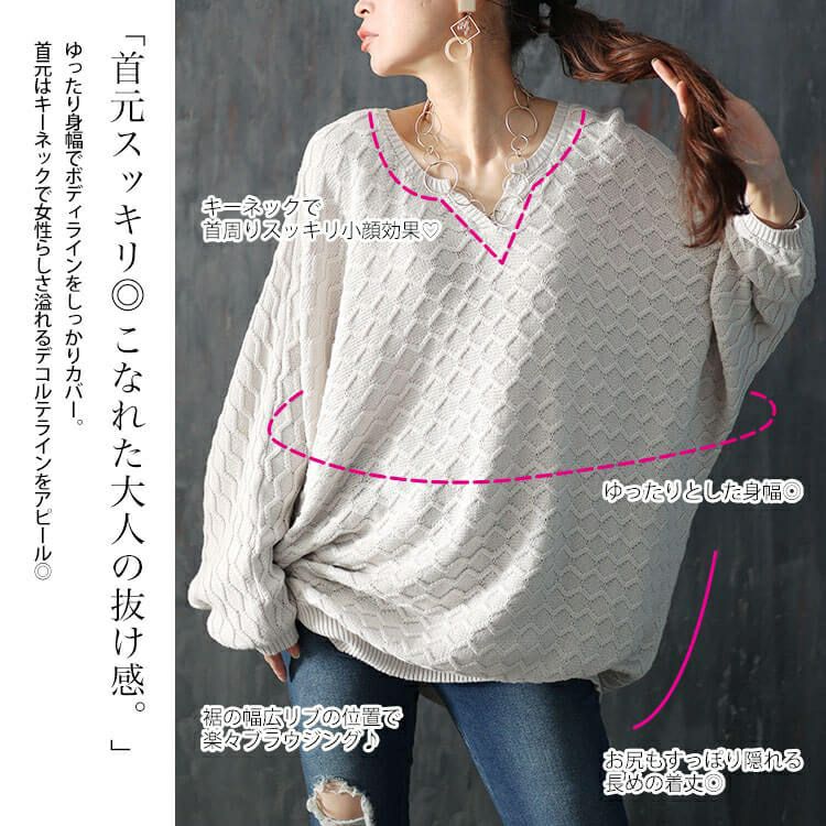 大きいサイズ レディース ハニカム編みキーネックドルマンニットチュニック　maru-3004