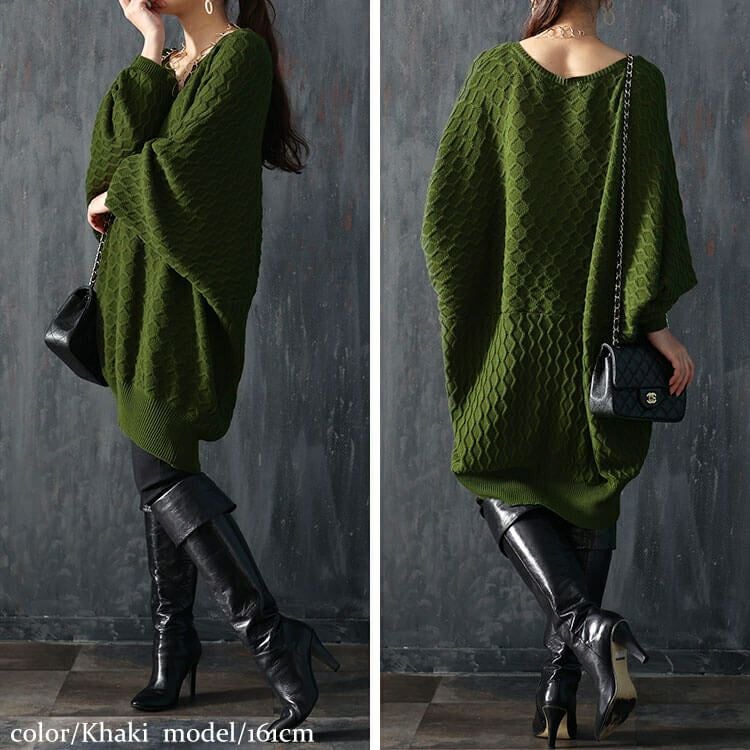 大きいサイズ レディース ハニカム編みキーネックドルマンニットチュニック　maru-3004