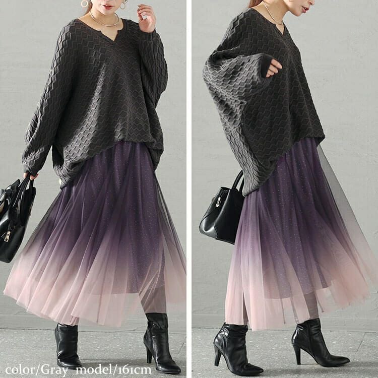 大きいサイズ レディース ハニカム編みキーネックドルマンニットチュニック　maru-3004