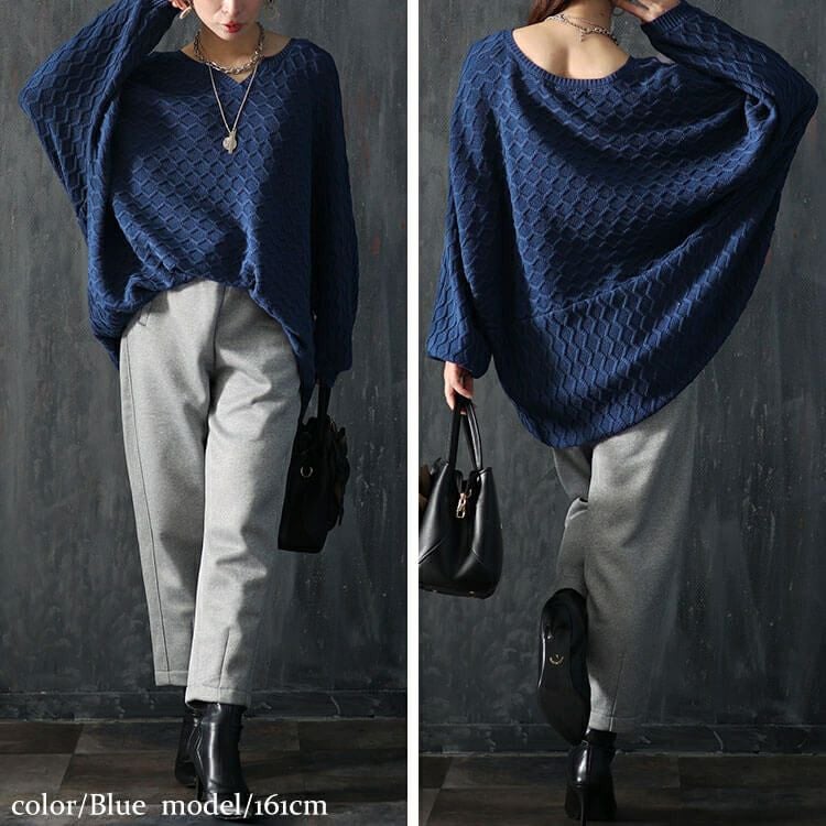 大きいサイズ レディース ハニカム編みキーネックドルマンニットチュニック　maru-3004