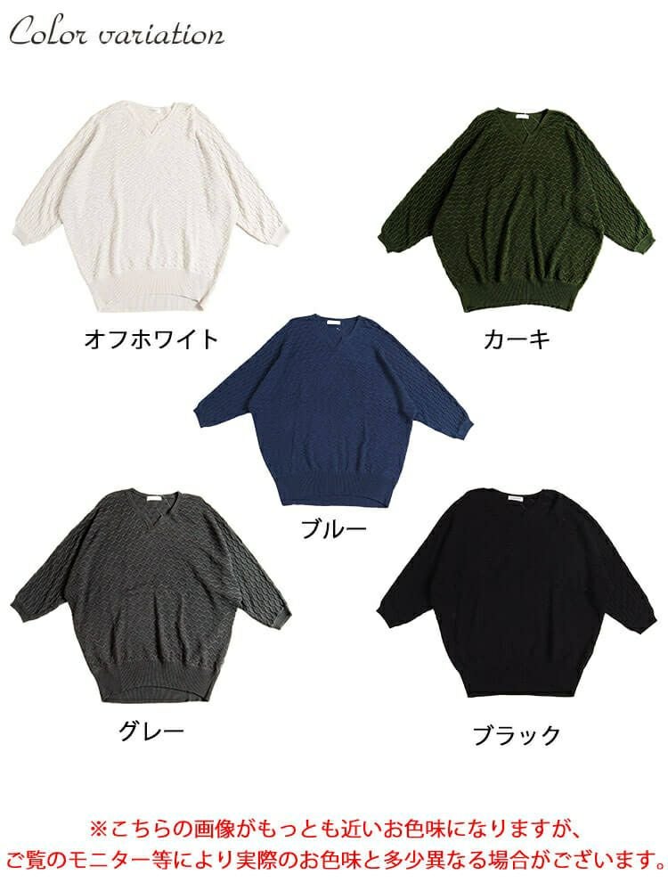 大きいサイズ レディース ハニカム編みキーネックドルマンニットチュニック　maru-3004