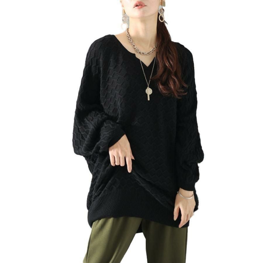 大きいサイズ レディース ハニカム編みキーネックドルマンニットチュニック　maru-3004 ブラック
