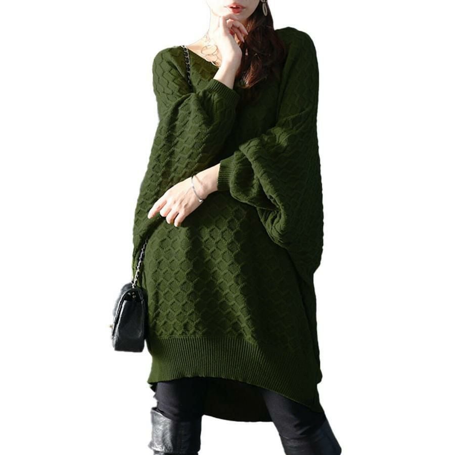 大きいサイズ レディース ハニカム編みキーネックドルマンニットチュニック　maru-3004 カーキ