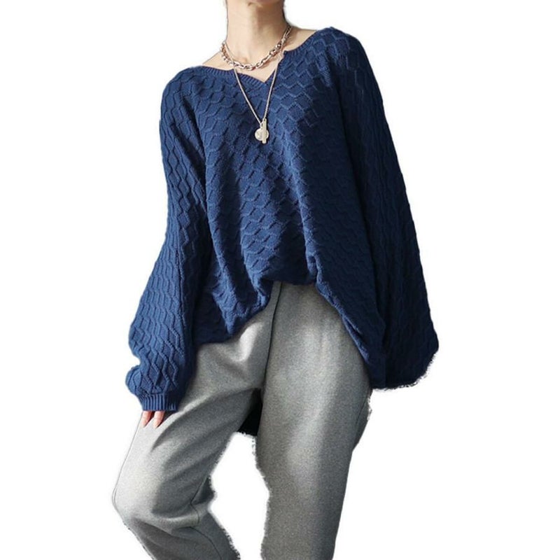 大きいサイズ レディース ハニカム編みキーネックドルマンニットチュニック　maru-3004 ブルー