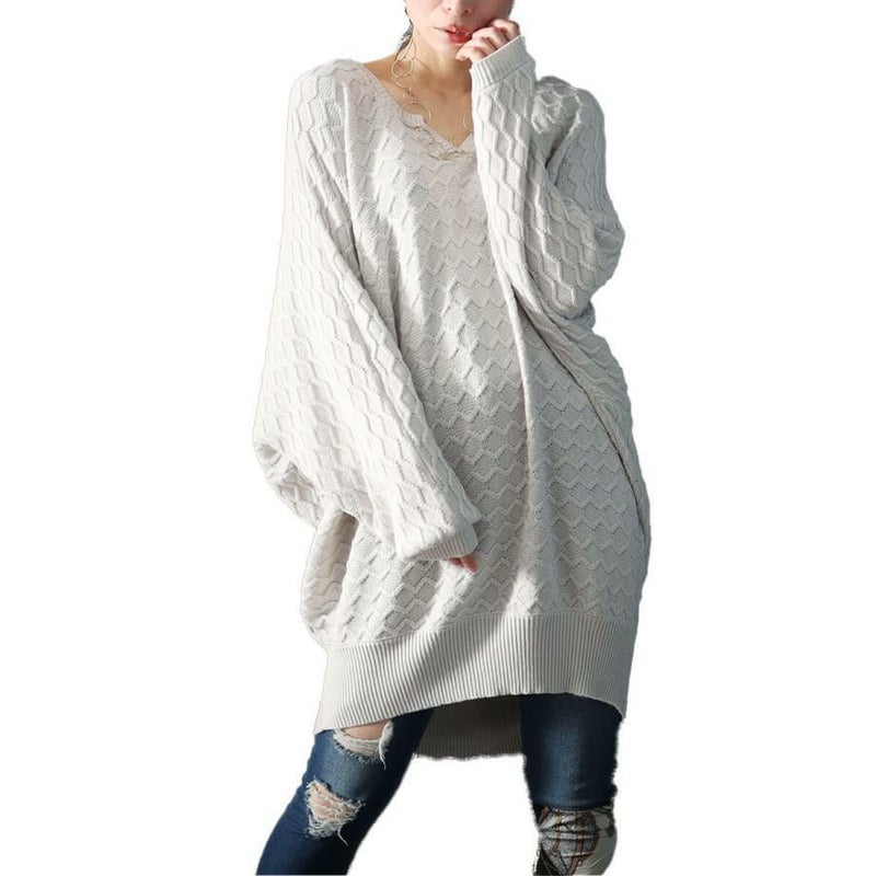 大きいサイズ レディース ハニカム編みキーネックドルマンニットチュニック　maru-3004 オフホワイト