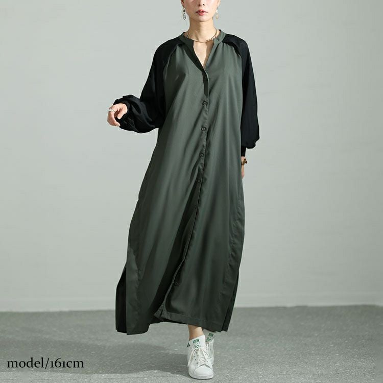 大きいサイズ レディース ツートン配色コート風シャツワンピース　maru-6720