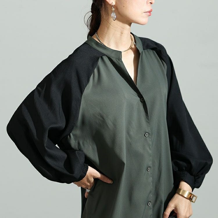 大きいサイズ レディース ツートン配色コート風シャツワンピース　maru-6720