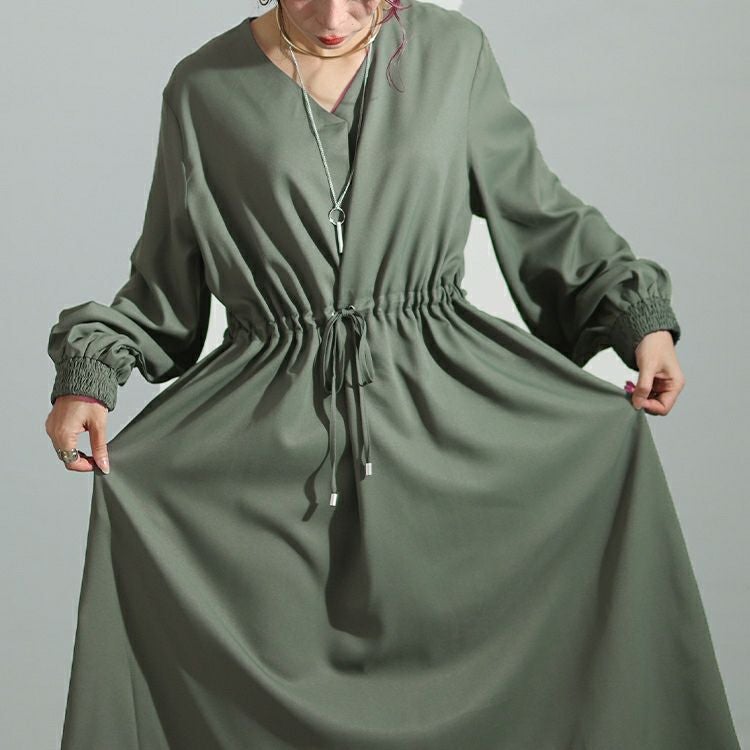 大きいサイズ レディース ウエストブラウジングVネックワンピース　maru-6719