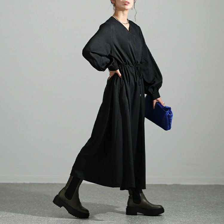 大きいサイズ レディース ウエストブラウジングVネックワンピース　maru-6719