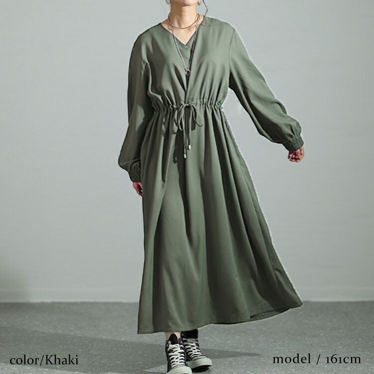 大きいサイズ レディース ウエストブラウジングVネックワンピース　maru-6719