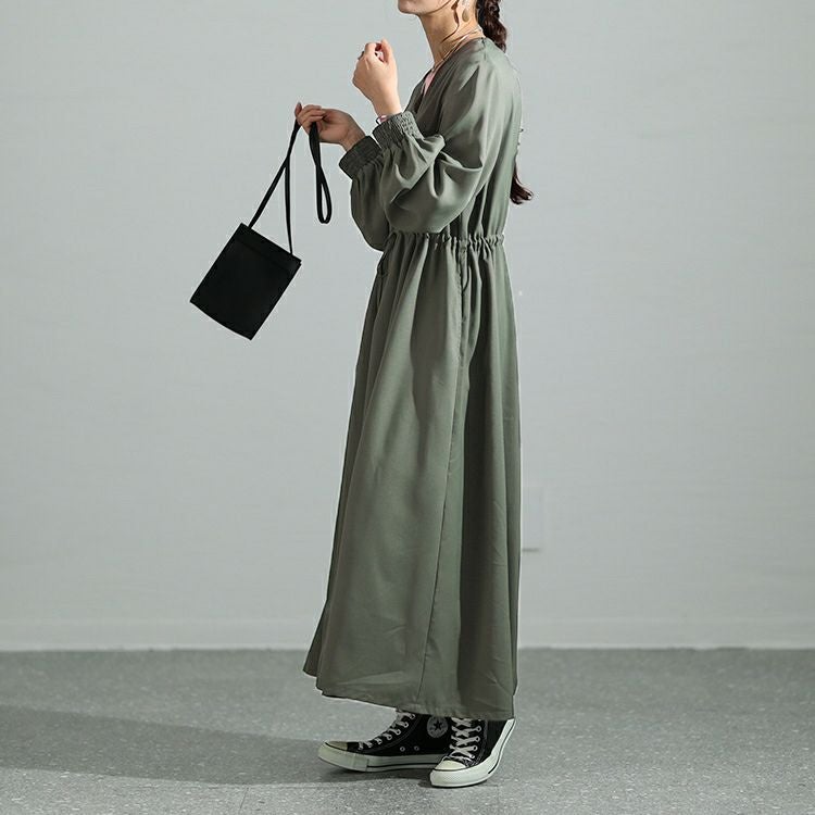 大きいサイズ レディース ウエストブラウジングVネックワンピース　maru-6719