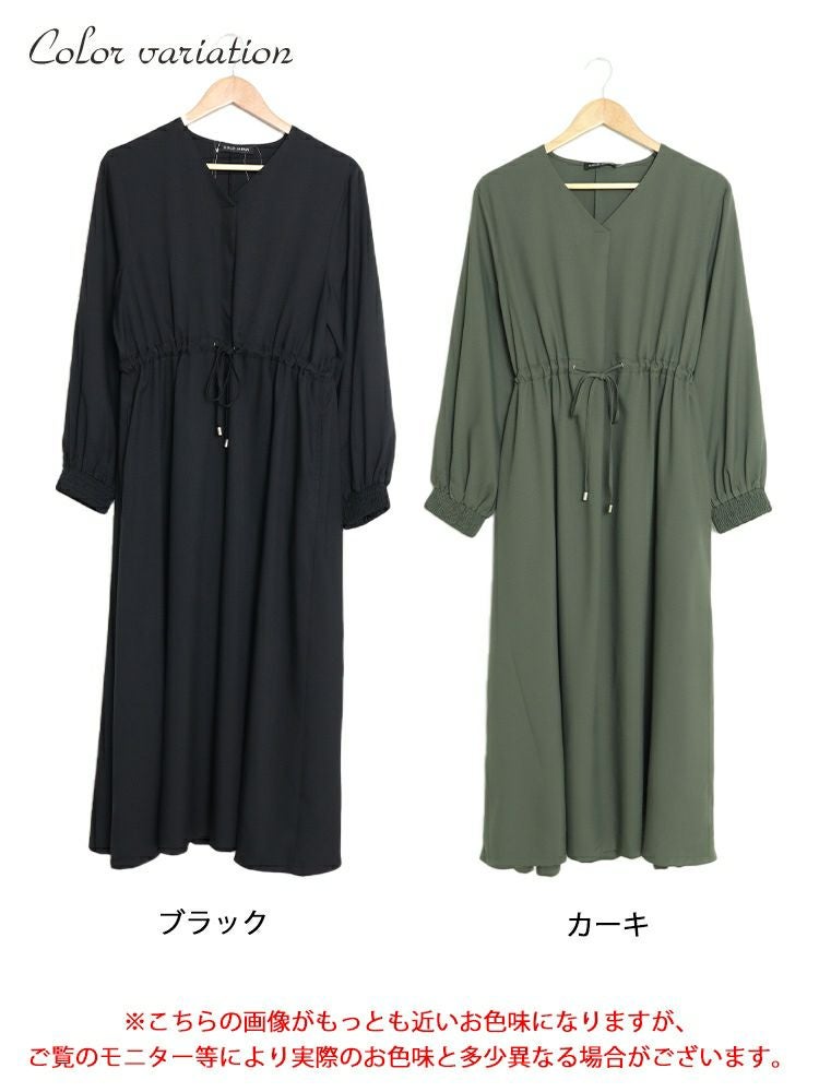 大きいサイズ レディース ウエストブラウジングVネックワンピース　maru-6719