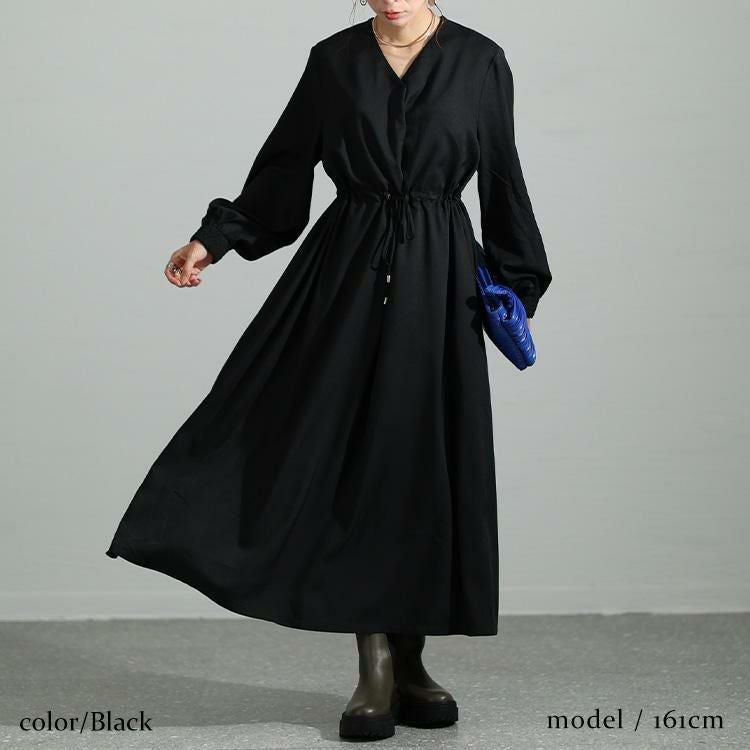大きいサイズ レディース ウエストブラウジングVネックワンピース　maru-6719 ブラック