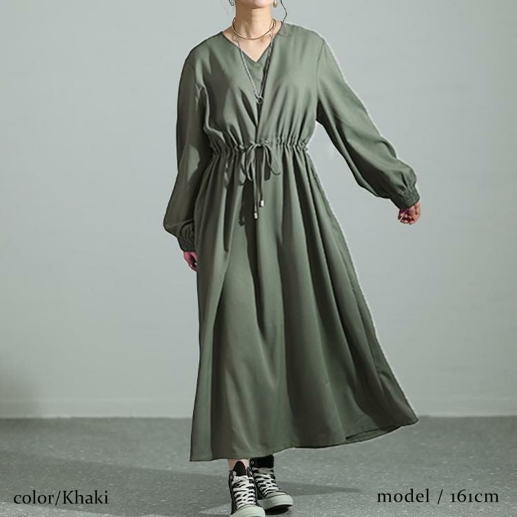 大きいサイズ レディース ウエストブラウジングVネックワンピース　maru-6719 カーキ