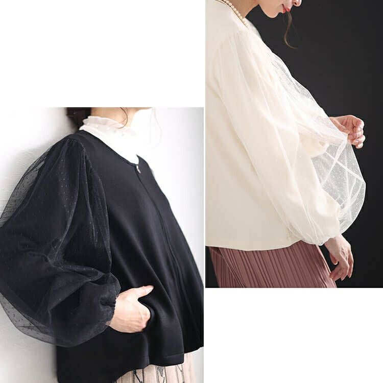 大きいサイズ レディース ドットチュールスリーブスムースジャケット　maru-6712