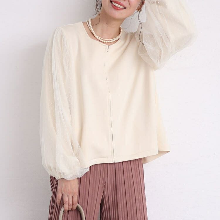 大きいサイズ レディース ドットチュールスリーブスムースジャケット　maru-6712