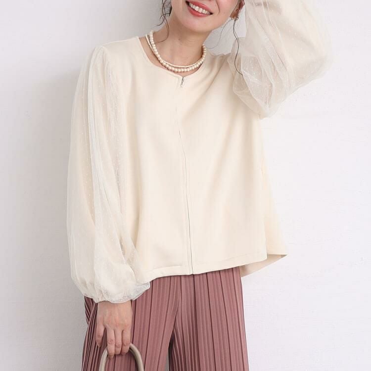 大きいサイズ レディース ドットチュールスリーブスムースジャケット　maru-6712 オフホワイト