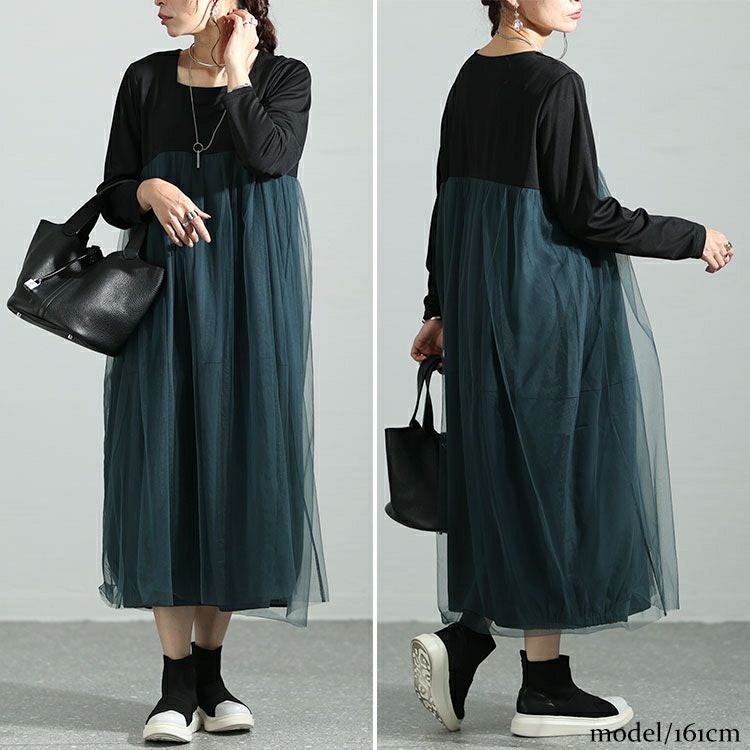 大きいサイズ レディース スクエアネックチュールドッキングワンピース　maru-6709