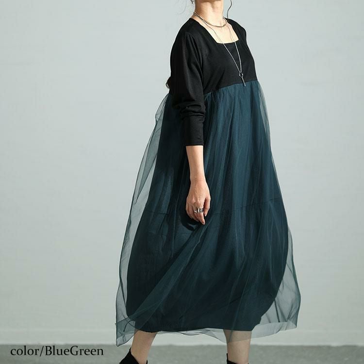 大きいサイズ レディース スクエアネックチュールドッキングワンピース　maru-6709 ブルーグリーン