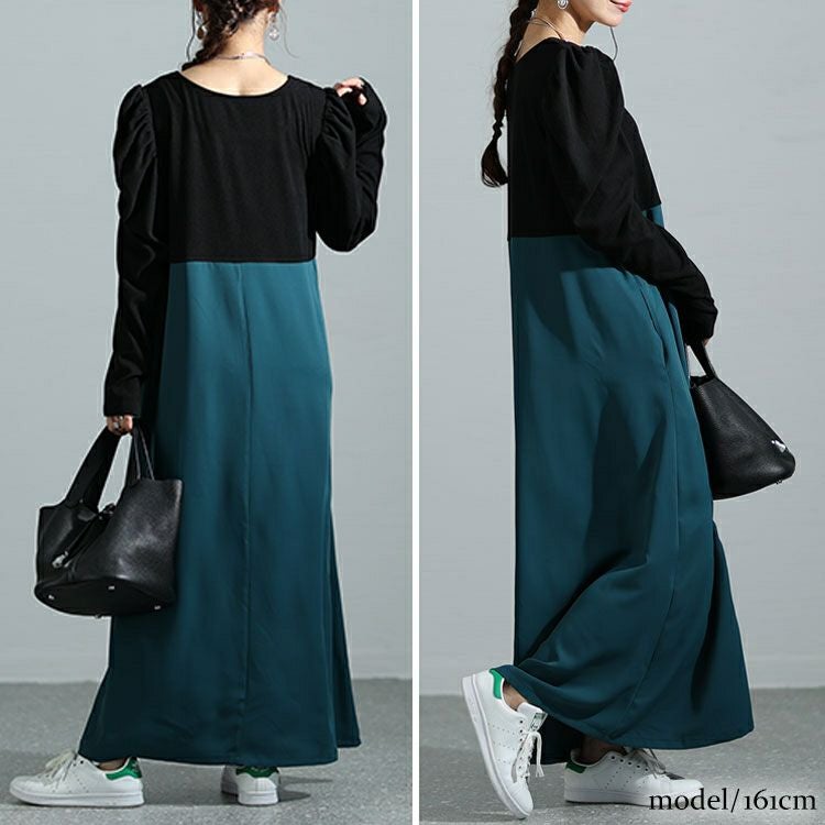 大きいサイズ レディース 異素材ドッキングパワショルワンピース　maru-6708