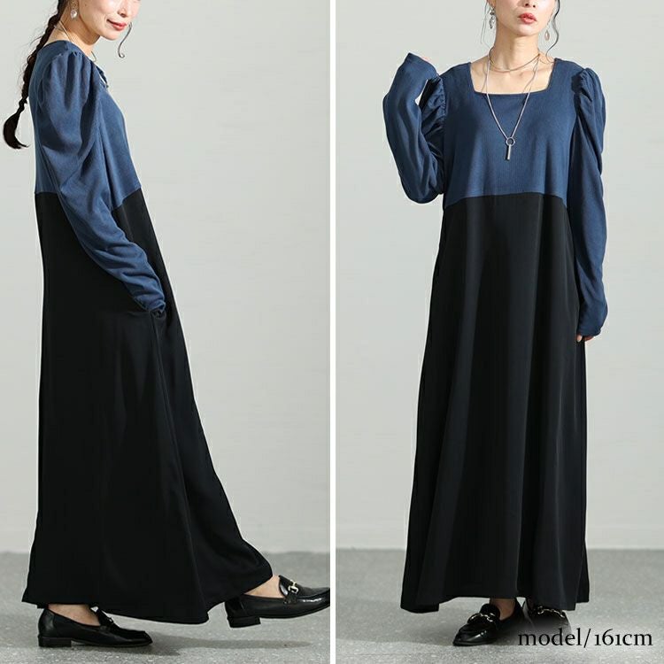 大きいサイズ レディース 異素材ドッキングパワショルワンピース　maru-6708