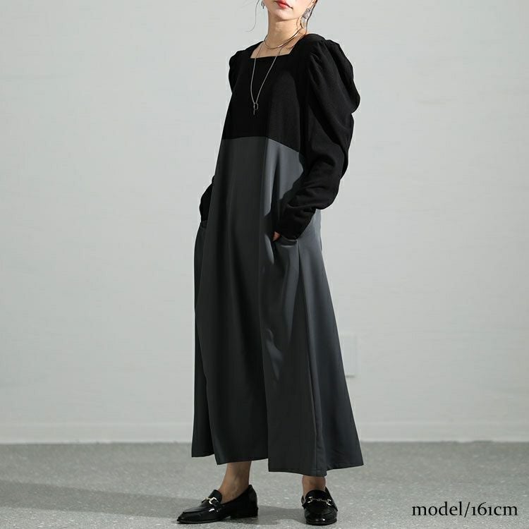 大きいサイズ レディース 異素材ドッキングパワショルワンピース　maru-6708