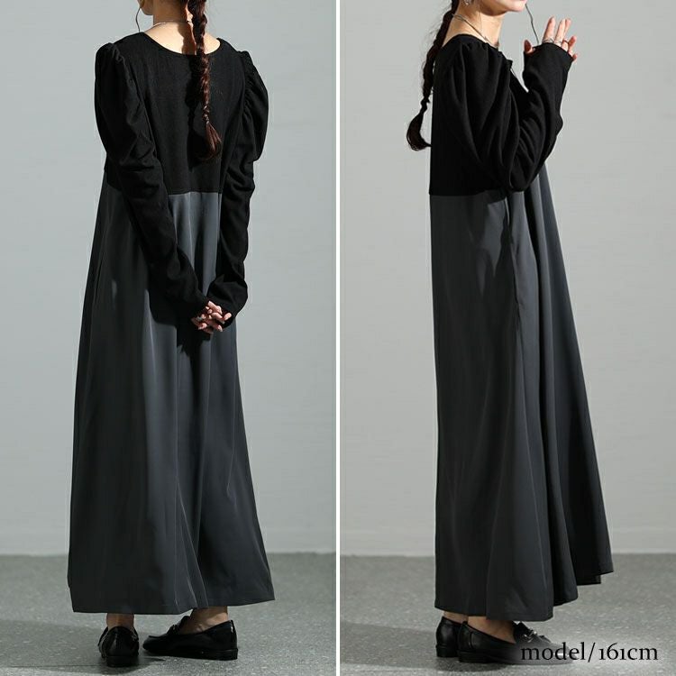 大きいサイズ レディース 異素材ドッキングパワショルワンピース　maru-6708