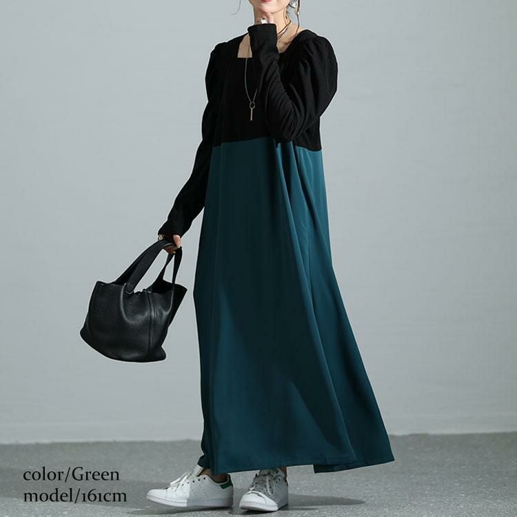 大きいサイズ レディース 異素材ドッキングパワショルワンピース　maru-6708 グリーン