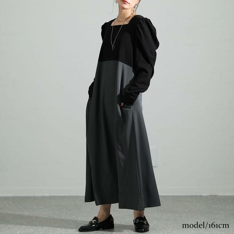 大きいサイズ レディース 異素材ドッキングパワショルワンピース　maru-6708 チャコール