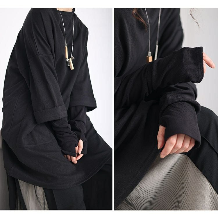 大きいサイズ レディース 指穴フェイクレイヤードニットソーチュニック　maru-6706