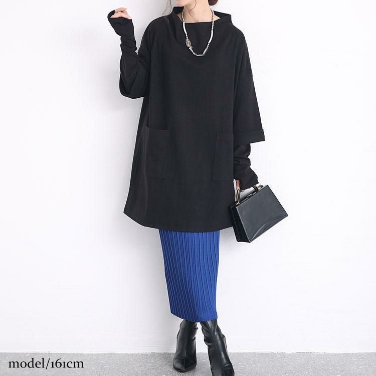 大きいサイズ レディース 指穴フェイクレイヤードニットソーチュニック　maru-6706 ブラック