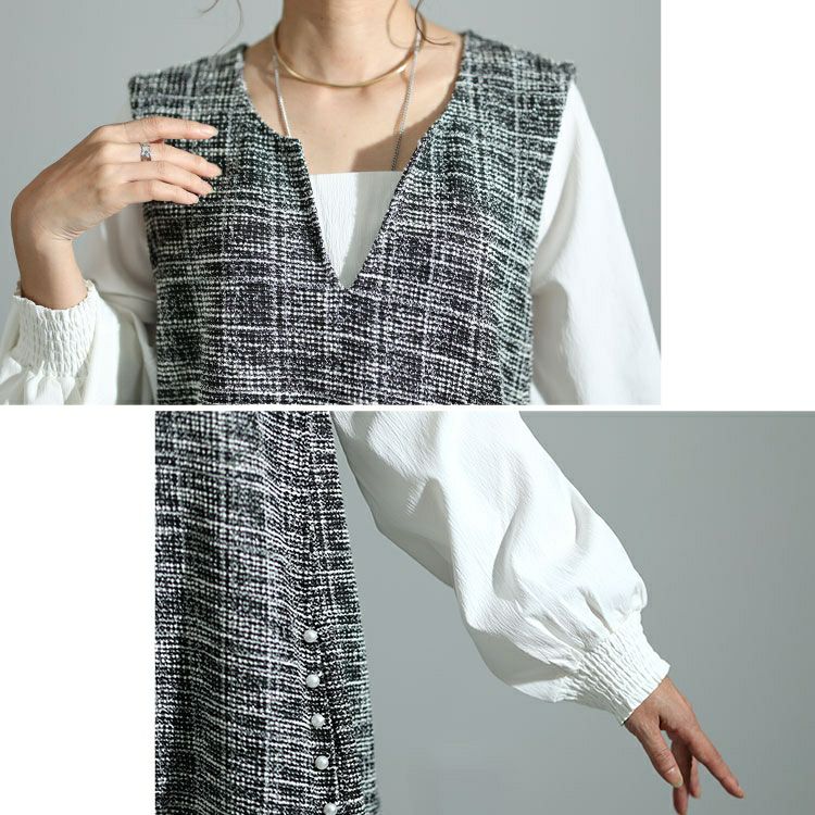 大きいサイズ レディース ストレッチツイードパールボタン付きワンピース　maru-6699