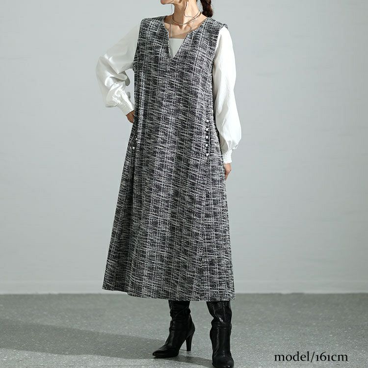 大きいサイズ レディース ストレッチツイードパールボタン付きワンピース　maru-6699