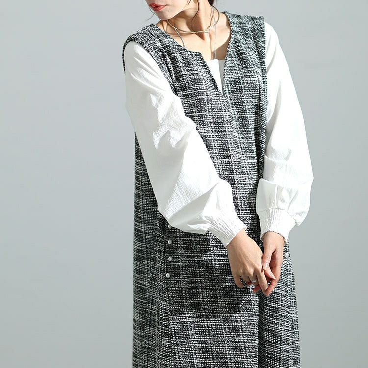 大きいサイズ レディース ストレッチツイードパールボタン付きワンピース　maru-6699