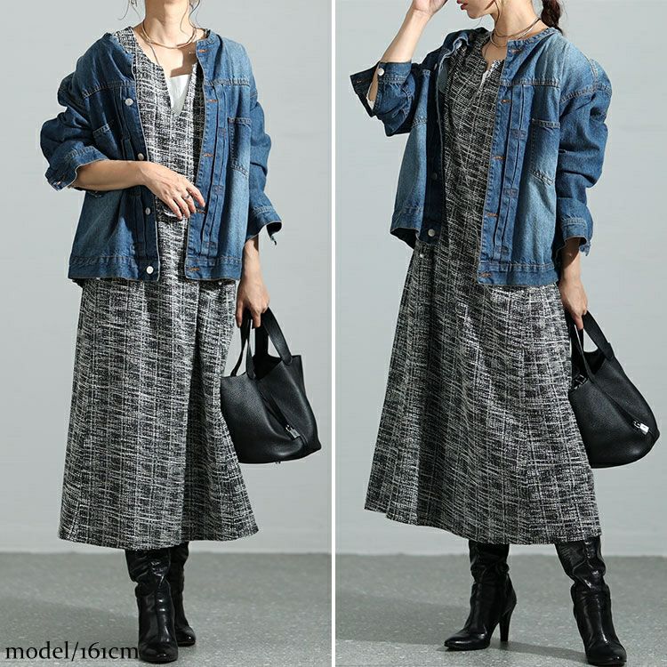 大きいサイズ レディース ストレッチツイードパールボタン付きワンピース　maru-6699