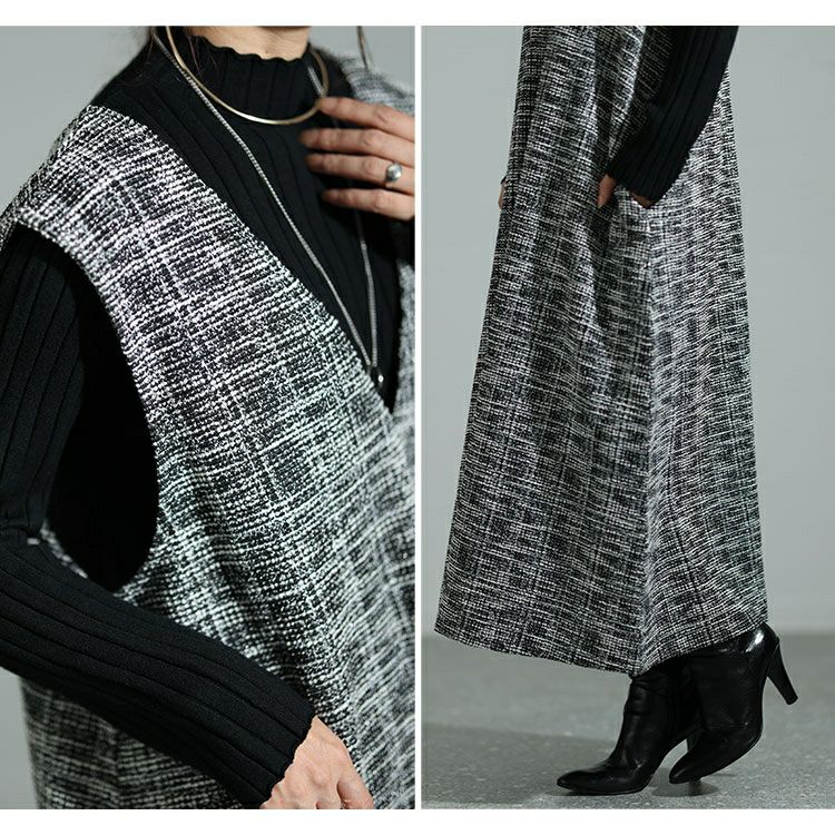 大きいサイズ レディース ストレッチツイードVネックジャンパースカート　maru-6698