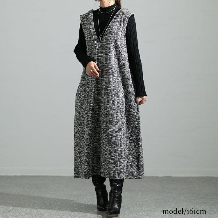 大きいサイズ レディース ストレッチツイードVネックジャンパースカート　maru-6698