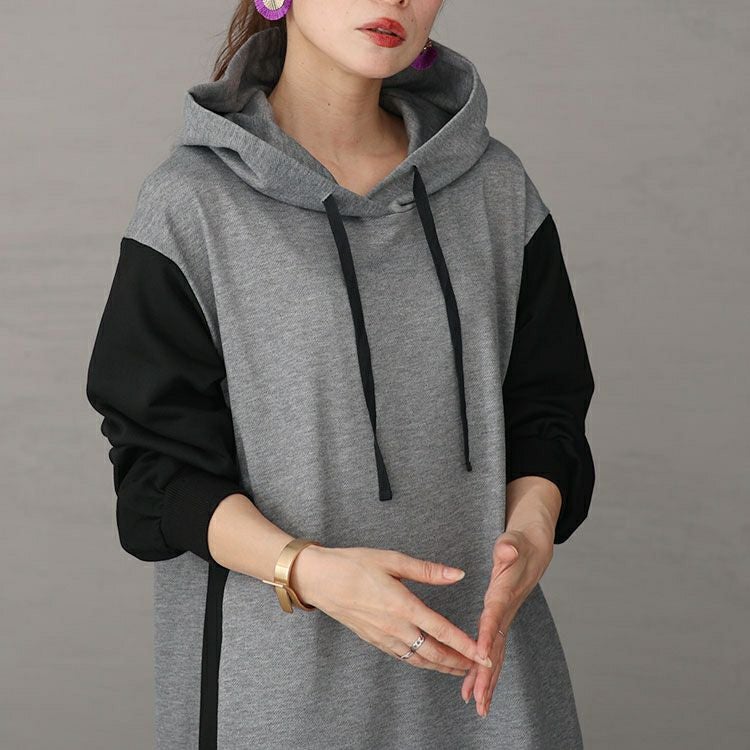 大きいサイズ レディース ツートン配色フード付きワンピース　maru-6697