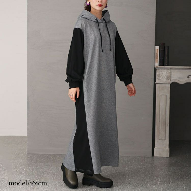 大きいサイズ レディース ツートン配色フード付きワンピース　maru-6697