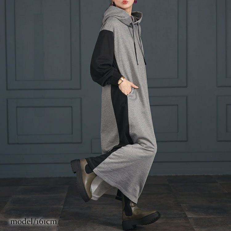 大きいサイズ レディース ツートン配色フード付きワンピース　maru-6697