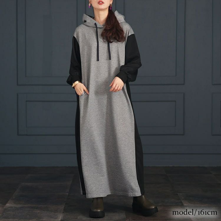 大きいサイズ レディース ツートン配色フード付きワンピース　maru-6697