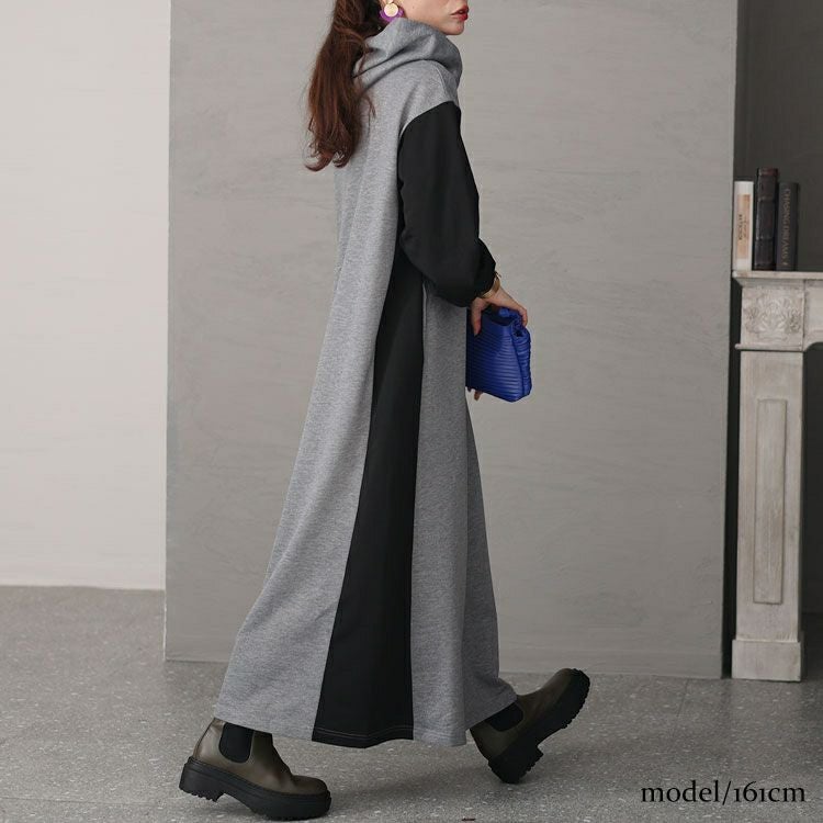 大きいサイズ レディース ツートン配色フード付きワンピース　maru-6697