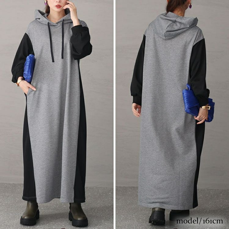 大きいサイズ レディース ツートン配色フード付きワンピース　maru-6697