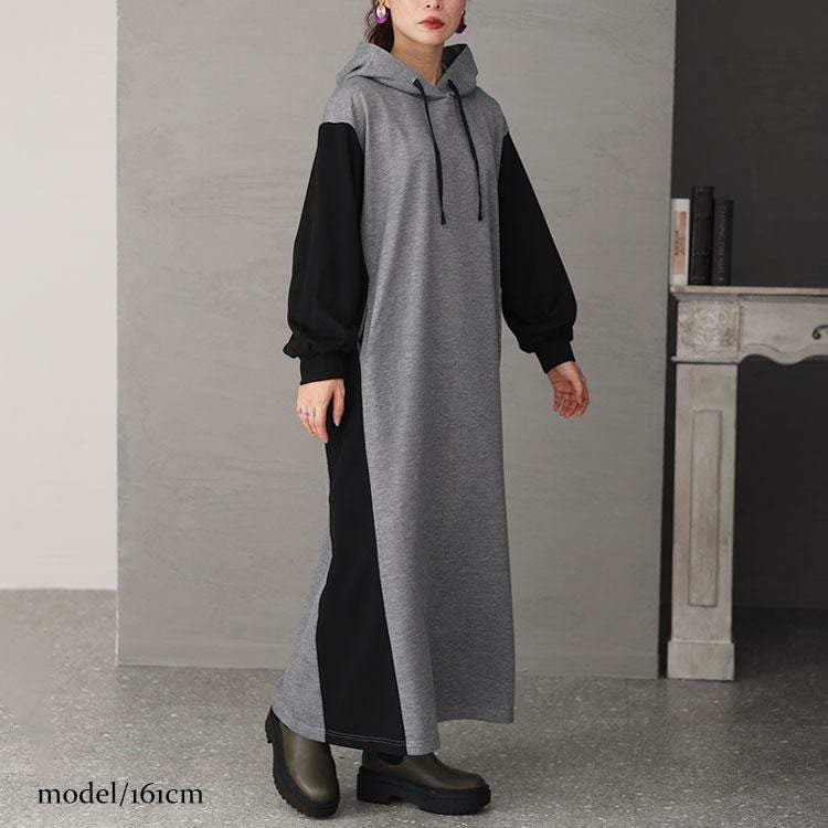 大きいサイズ レディース ツートン配色フード付きワンピース　maru-6697 杢グレー×ブラック