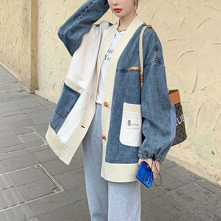 大きいサイズ レディース 異素材デニムカーディガン　goldy-1393
