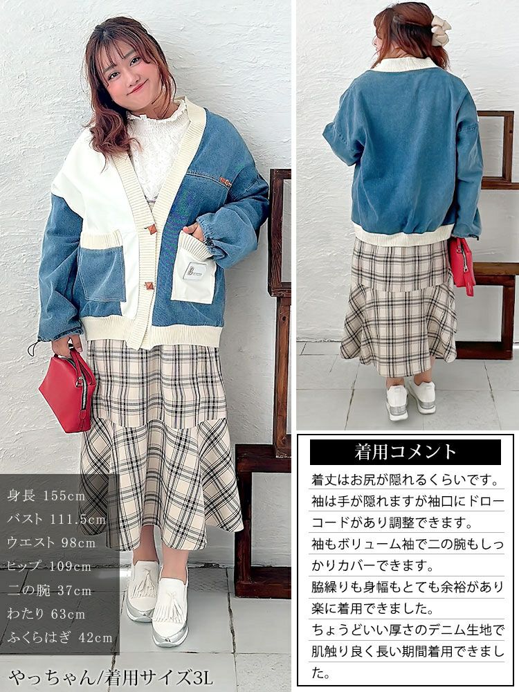 大きいサイズ レディース 異素材デニムカーディガン　goldy-1393